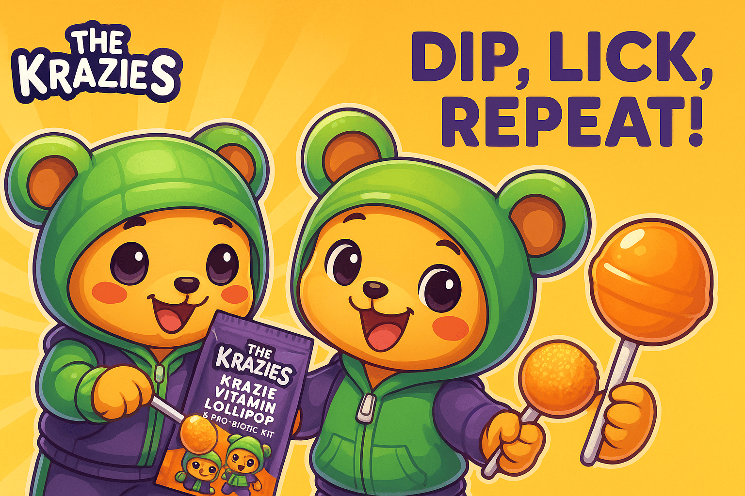 Dip, Lick and Repeat—beneath a THE KRAZIES sign; matching lollipops and powder mounds